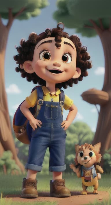  {Riley looking up at the tree with a big smile, animals surrounding them., Riley, a curious with big brown eyes and curly hair, wearing overalls and carrying a small backpack. Their friend, Skye, a bluebird with shiny feathers.