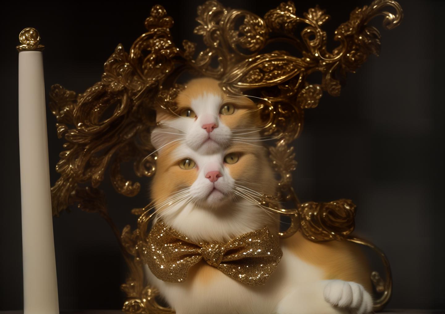  PHOTOGRAPH of a bright, Colorful and Shiny (((Meissen Porcelain CAT))) with a (((GLITTERY HAT))), (((curly sculptural Porcelain hair))) perfect torso, looking at the viewer, on a black background, Stunning Masterpiece, Wide angle, 3:2 aspect radio, with perfect expression and facial structure, LARGE EYES, in the style of FRAGONARD, ultra sharp focus, 8k, big dark eyes, closed mouth, (((45 degree light))),  hyperrealistic, full body, detailed clothing, highly detailed, cinematic lighting, stunningly beautiful, intricate, sharp focus, f/1. 8, 85mm, (centered image composition), (professionally color graded), ((bright soft diffused light)), volumetric fog, trending on instagram, trending on tumblr, HDR 4K, 8K