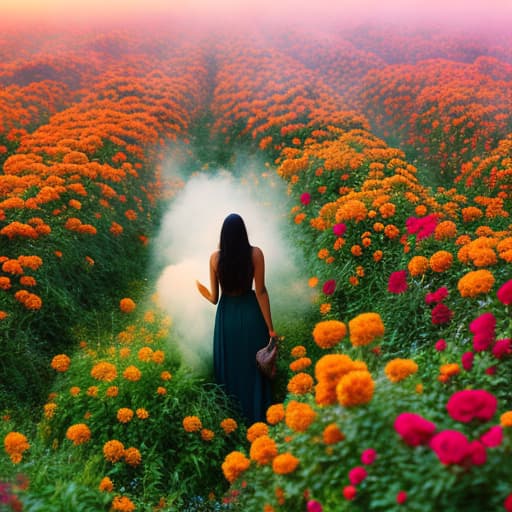 analog style flowers, marigold daisy Bangladesh Bengali, girl holding flower while looking at cemera, baishakh, bun with flower, desi hyperrealistic, full body, detailed clothing, highly detailed, cinematic lighting, stunningly beautiful, intricate, sharp focus, f/1. 8, 85mm, (centered image composition), (professionally color graded), ((bright soft diffused light)), volumetric fog, trending on instagram, trending on tumblr, HDR 4K, 8K