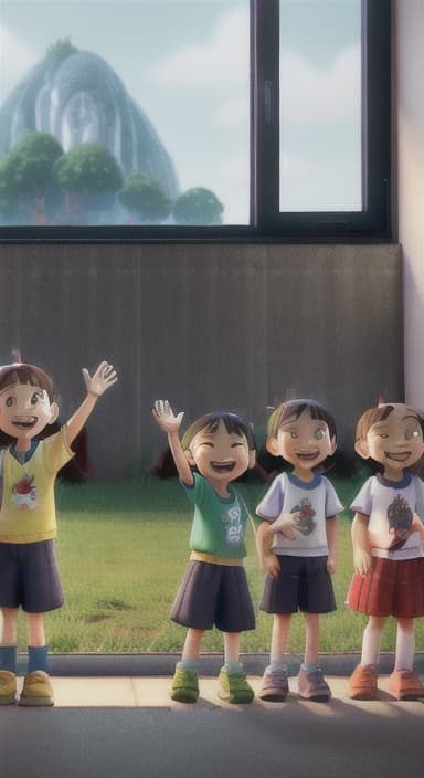  {A heartwarming scene of all the children waving goodbye with happy expressions., Children waving with wide smiles, looking grateful and content.