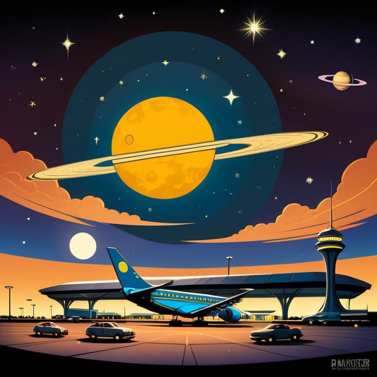  (cartoon art stylized by Brian Kesinger:0.8) and Vincent van Gogh, landscape of a Warm Airport terminal and Planet Saturn, Stars in the sky, Horror, Neo-Expressionism, dramatic lighting