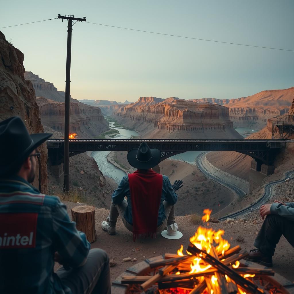  create a western inspired photograph shot in 50mm from a first person view sitting around a campfire. also inspired by roger deakins cinematogrphy work. this photograph has to emphasize tension and each section is motivating each other to tell a story. in the midground shows a railway going into a man sized mining cavern. the overall scene is set in a desert setting at dawn just before the sunrise. the scene is seperated in three sections, the foreground, middleground, and background. the background shows a deep canyon below with rugged rock formations and a winding river that tapers down into the distance. the midground appears closer to your area at around 100 ft away and comprises part of a canyonside. within this canyonside you see a ra hyperrealistic, full body, detailed clothing, highly detailed, cinematic lighting, stunningly beautiful, intricate, sharp focus, f/1. 8, 85mm, (centered image composition), (professionally color graded), ((bright soft diffused light)), volumetric fog, trending on instagram, trending on tumblr, HDR 4K, 8K