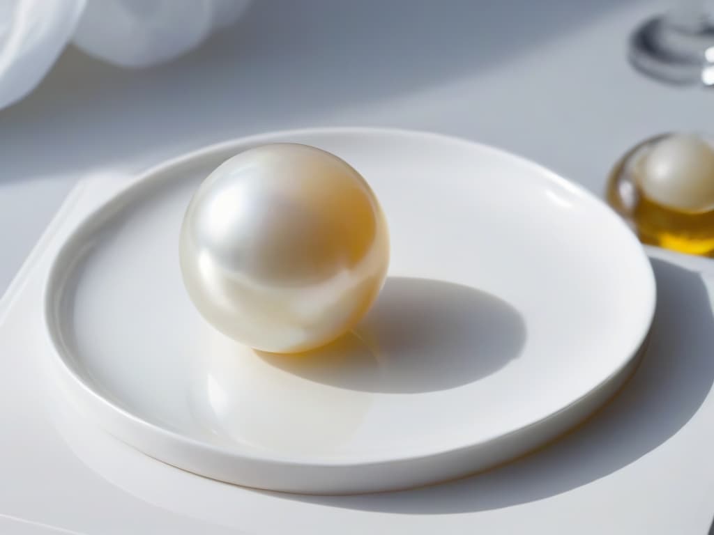  A closeup, highresolution image of a perfectly spherical, glossy pearl made through spherification technique, resting on a sleek, minimalist white plate. The pearl should be delicately translucent, capturing the light to showcase its smooth texture and pristine appearance. The background should be a soft focus to enhance the pearl's elegant simplicity and emphasize the artistry and precision involved in creating such culinary gems. hyperrealistic, full body, detailed clothing, highly detailed, cinematic lighting, stunningly beautiful, intricate, sharp focus, f/1. 8, 85mm, (centered image composition), (professionally color graded), ((bright soft diffused light)), volumetric fog, trending on instagram, trending on tumblr, HDR 4K, 8K