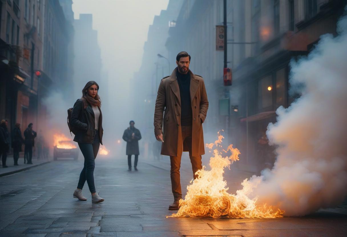  The paper is on fire in a vase in the city, a man and a girl are standing nearby. hyperrealistic, full body, detailed clothing, highly detailed, cinematic lighting, stunningly beautiful, intricate, sharp focus, f/1. 8, 85mm, (centered image composition), (professionally color graded), ((bright soft diffused light)), volumetric fog, trending on instagram, trending on tumblr, HDR 4K, 8K