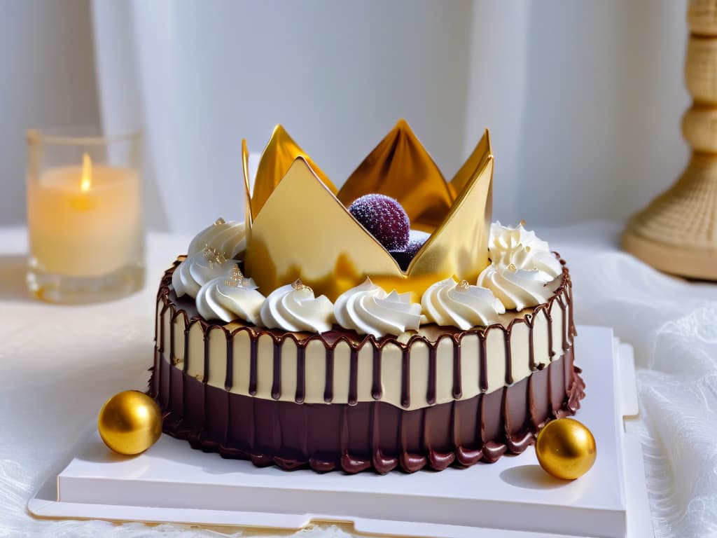  A luxurious and elegant dessert platter featuring a delicate golden crownshaped pastry encrusted with edible pearls, surrounded by miniature decadent chocolate cakes topped with edible gold leaf. Next to it, a regal purple velvet cake adorned with intricate white icing details reminiscent of royal insignia. The background is a soft focus of a grand dining table set with fine china and crystal glassware, enhancing the ambiance of royal indulgence. hyperrealistic, full body, detailed clothing, highly detailed, cinematic lighting, stunningly beautiful, intricate, sharp focus, f/1. 8, 85mm, (centered image composition), (professionally color graded), ((bright soft diffused light)), volumetric fog, trending on instagram, trending on tumblr, HDR 4K, 8K