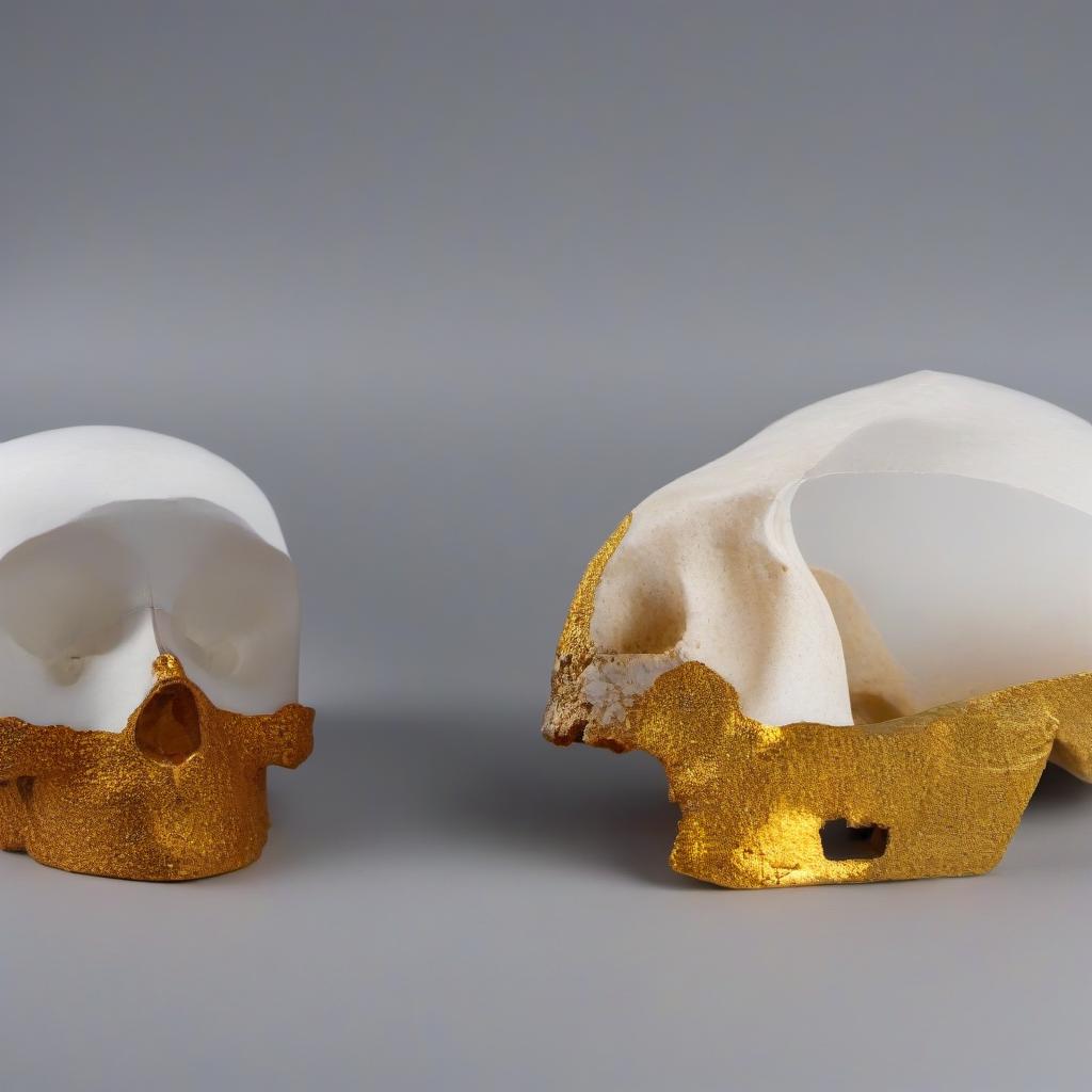  Gypsum skull on a gray background.The lighting is evening