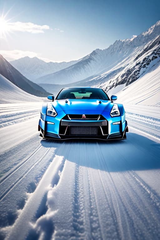  Wide body Nissan Gtr r35 with sky blue driving fast at the snow mountain hyperrealistic, full body, detailed clothing, highly detailed, cinematic lighting, stunningly beautiful, intricate, sharp focus, f/1. 8, 85mm, (centered image composition), (professionally color graded), ((bright soft diffused light)), volumetric fog, trending on instagram, trending on tumblr, HDR 4K, 8K