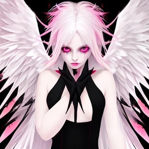  angel with black wings with blood, pink eyes and white hair, seeing infinity