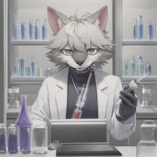  furry in a lab coat with a syringe