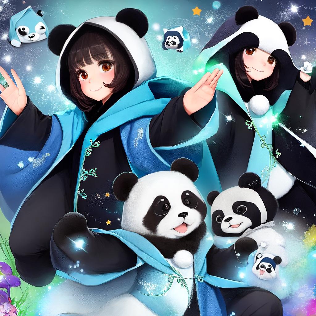  masterpiece, best quality, Cute panda with thin and cute figure and face, wearing a robe with hood and having blue magical sparkles on right hand