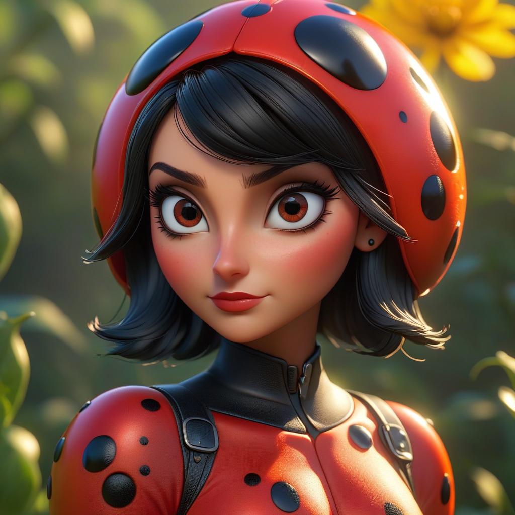  The character is Ladybug from the cartoon "Ladybug." hyperrealistic, full body, detailed clothing, highly detailed, cinematic lighting, stunningly beautiful, intricate, sharp focus, f/1. 8, 85mm, (centered image composition), (professionally color graded), ((bright soft diffused light)), volumetric fog, trending on instagram, trending on tumblr, HDR 4K, 8K