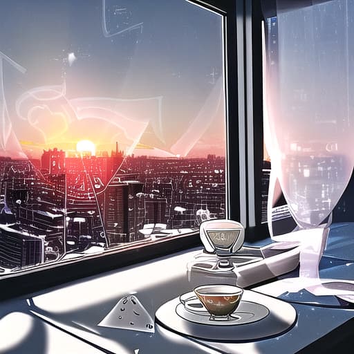  Futuristic style. Deck of cards and cup of tea over white table. Sunset through a window with a city view. White and soft tones.