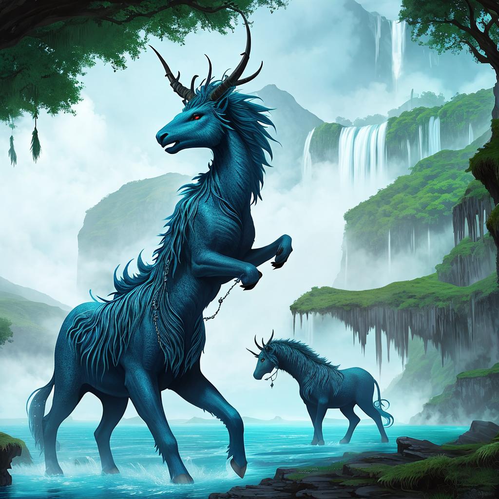  in a fantasy setting, Paint a surreal landscape where mythical beasts roam amidst cascading waterfalls.