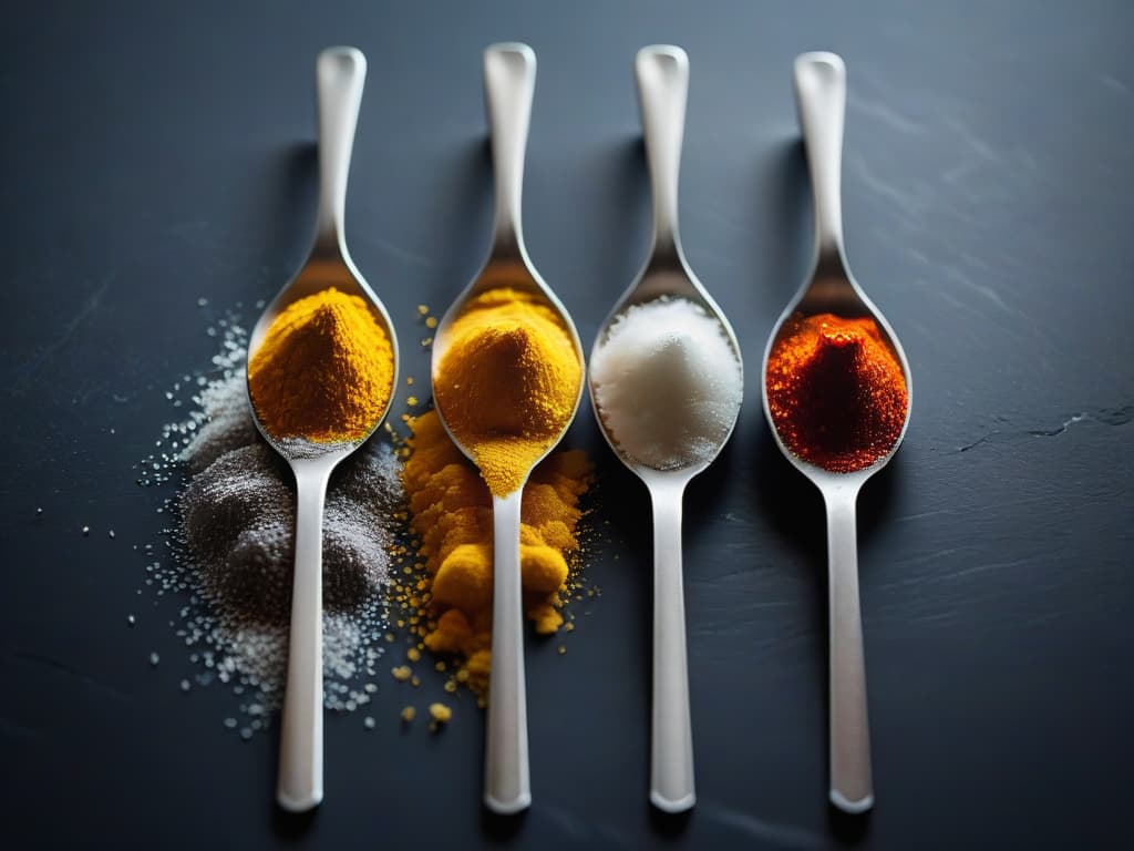  A closeup, ultradetailed image of various types of aromatic flavored salts displayed on small individual spoons, showcasing the different colors, textures, and ingredients of each salt blend. Each spoon is meticulously arranged on a sleek, modern black marble surface, with soft natural lighting accentuating the details and enhancing the overall minimalist aesthetic of the image. hyperrealistic, full body, detailed clothing, highly detailed, cinematic lighting, stunningly beautiful, intricate, sharp focus, f/1. 8, 85mm, (centered image composition), (professionally color graded), ((bright soft diffused light)), volumetric fog, trending on instagram, trending on tumblr, HDR 4K, 8K