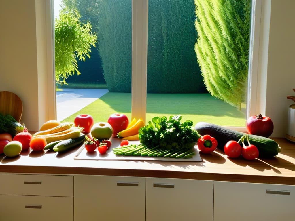  A pristine, minimalist kitchen filled with an array of vibrant, freshly picked fruits and vegetables neatly arranged on a sleek, ecofriendly bamboo countertop. Sunlight streams in through a large window, casting a warm, inviting glow over the scene. A modern, energyefficient refrigerator stands in the corner, showcasing a variety of plantbased milk alternatives and organic ingredients. The image exudes a sense of sustainable, green living, inspiring readers to embrace environmentally friendly practices in their baking endeavors. hyperrealistic, full body, detailed clothing, highly detailed, cinematic lighting, stunningly beautiful, intricate, sharp focus, f/1. 8, 85mm, (centered image composition), (professionally color graded), ((bright soft diffused light)), volumetric fog, trending on instagram, trending on tumblr, HDR 4K, 8K