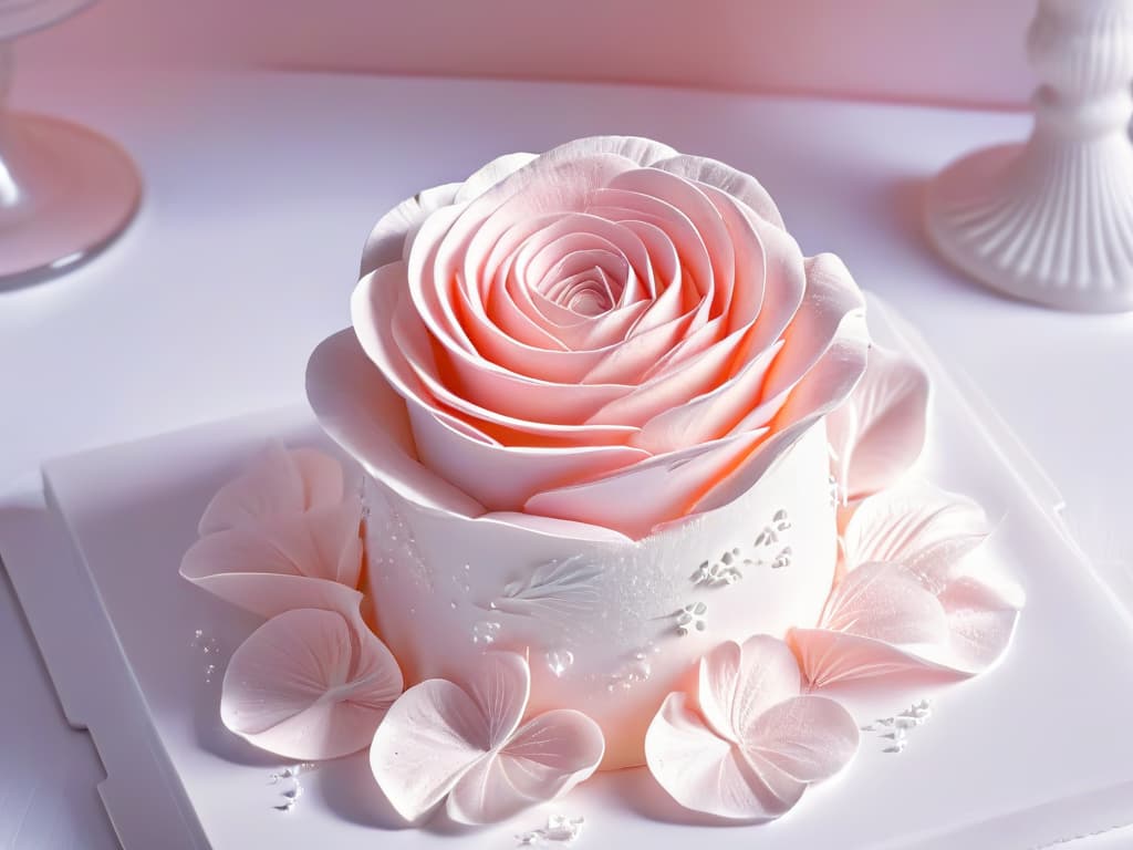  An ultradetailed closeup image of a delicate sugar sculpture of a blooming rose, showcasing intricate petal details and a shimmering finish, set against a soft, blurred background to emphasize the artistry and craftsmanship involved in incorporating sugar sculptures into desserts. hyperrealistic, full body, detailed clothing, highly detailed, cinematic lighting, stunningly beautiful, intricate, sharp focus, f/1. 8, 85mm, (centered image composition), (professionally color graded), ((bright soft diffused light)), volumetric fog, trending on instagram, trending on tumblr, HDR 4K, 8K