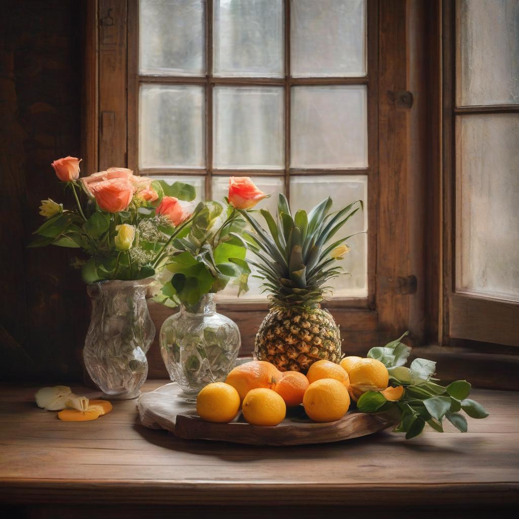  (Banana, orange, and pineapple standing in a beautiful vase) on an antique table, ((next to a vase with red roses)) behind a window, still life, Dutch painting 17th century, high brushstroke detailing. hyperrealistic, full body, detailed clothing, highly detailed, cinematic lighting, stunningly beautiful, intricate, sharp focus, f/1. 8, 85mm, (centered image composition), (professionally color graded), ((bright soft diffused light)), volumetric fog, trending on instagram, trending on tumblr, HDR 4K, 8K