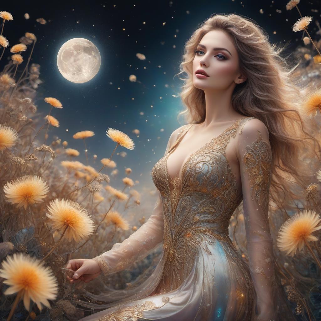  cinematic photo "Shimmering swirling glitter, filigree, strybk style, muted, colors, luminescent, watercolor style, extremely cute iridescent beautiful woman, highly realistic expressive eyes, adorned with flowers and feathers, luminicsm, soft background with swirls and an extremely big luminescent moon, digital painting, highly detailed, intricated, intricated pose, clarity, high quality, magic realism, dandelion seeds, Lively and playful, Harmonious golden ratio composition, Burst of neutral colors and lights, Dynamic energy, whirlwind of creative energy, swirling colors, energy, textures, breathtaking beauty, pure perfection, unforgettable, impressive, breathtaking beauty, Volumetric light, auras, rays, neon ambiance, abstract black oil, hyperrealistic, full body, detailed clothing, highly detailed, cinematic lighting, stunningly beautiful, intricate, sharp focus, f/1. 8, 85mm, (centered image composition), (professionally color graded), ((bright soft diffused light)), volumetric fog, trending on instagram, trending on tumblr, HDR 4K, 8K