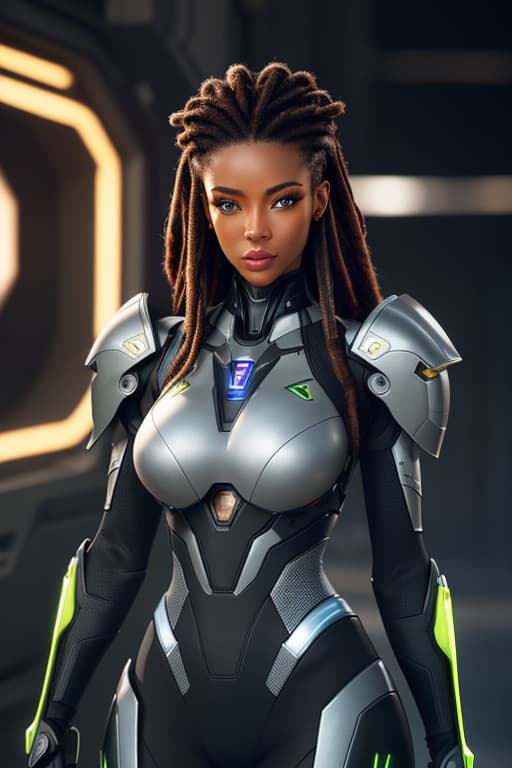  cgmech, beautiful eyes, upper body,, portrait, robot, armor, black women, african massai, neon light, 8K, RAW, best quality, masterpiece, ultra high res, colorful, (medium wide shot), (dynamic perspective), sharp focus , (depth of field, bokeh:1.3), extremely detailed eyes and face, beautiful detailed eyes,large breasts,(black gold, trimmed gear:1.2),(In a futuristic weapons factory:1.2), ((masterpiece, best quality)), <lora:more details:0.3> Detailed background, spaceship interior <lora:Niji:0.5> , african dreadlock hyperrealistic, full body, detailed clothing, highly detailed, cinematic lighting, stunningly beautiful, intricate, sharp focus, f/1. 8, 85mm, (centered image composition), (professionally color graded), ((bright soft diffused light)), volumetric fog, trending on instagram, trending on tumblr, HDR 4K, 8K