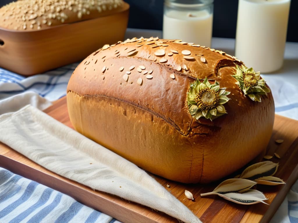  A closeup, highly detailed image of a freshly baked vegan sourdough bread loaf, showcasing a perfectly crispy golden crust with cracks, emitting steam, sitting on a rustic wooden cutting board, surrounded by scattered whole wheat flour and a few scattered sunflower seeds, with a vintage linen cloth in the background. The lighting is soft, emphasizing the texture of the bread and creating a warm, inviting atmosphere. hyperrealistic, full body, detailed clothing, highly detailed, cinematic lighting, stunningly beautiful, intricate, sharp focus, f/1. 8, 85mm, (centered image composition), (professionally color graded), ((bright soft diffused light)), volumetric fog, trending on instagram, trending on tumblr, HDR 4K, 8K