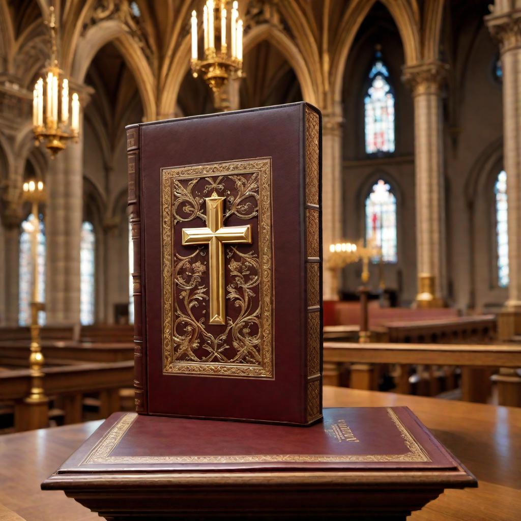  a photo of a Roman Catholic Bible with gold-edged pages, intricate design on the leather cover featuring a cross, situated on an ornate wooden lectern in a church setting. hyperrealistic, full body, detailed clothing, highly detailed, cinematic lighting, stunningly beautiful, intricate, sharp focus, f/1. 8, 85mm, (centered image composition), (professionally color graded), ((bright soft diffused light)), volumetric fog, trending on instagram, trending on tumblr, HDR 4K, 8K