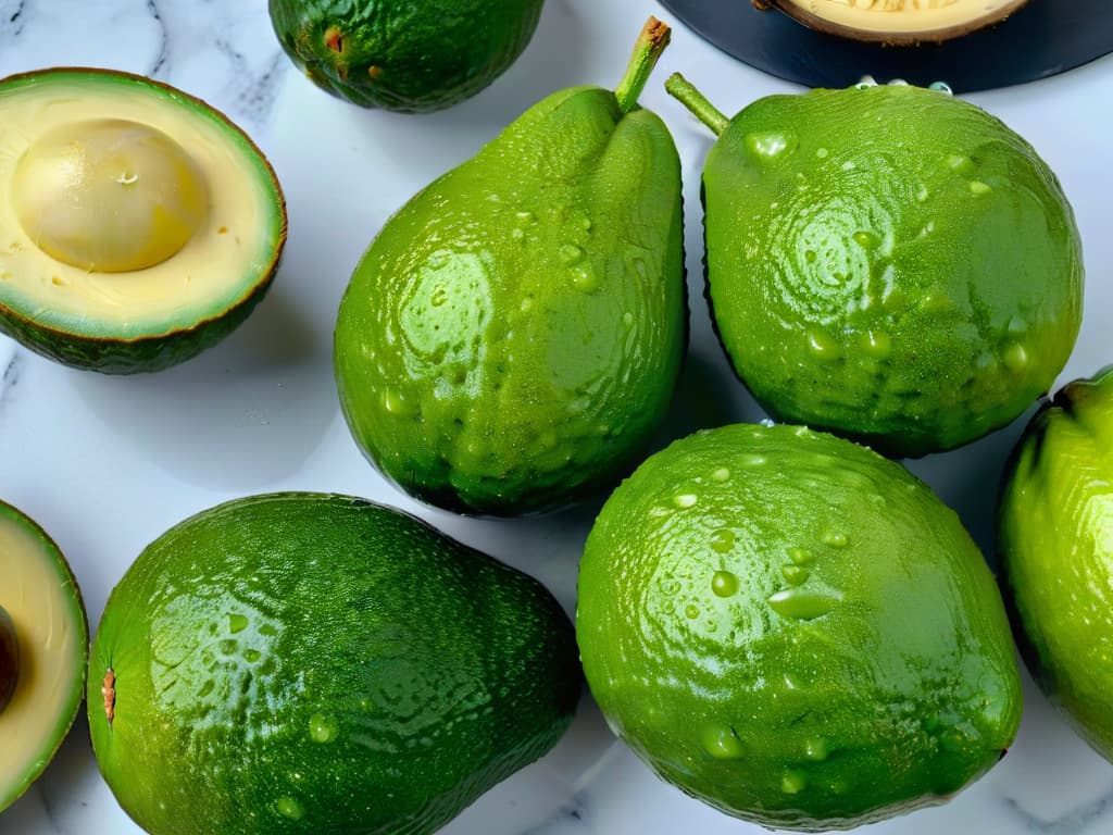  An ultradetailed image of a group of vibrant, ripe avocados, rich in color and texture, beautifully arranged on a sleek, modern marble countertop. The avocados are perfectly sliced open, showcasing their creamy green flesh, with small droplets of condensation glistening on their surface. The background is softly blurred, emphasizing the natural beauty and freshness of the avocados, creating a visually stunning and appealing minimalist composition for a kitchen setting. hyperrealistic, full body, detailed clothing, highly detailed, cinematic lighting, stunningly beautiful, intricate, sharp focus, f/1. 8, 85mm, (centered image composition), (professionally color graded), ((bright soft diffused light)), volumetric fog, trending on instagram, trending on tumblr, HDR 4K, 8K