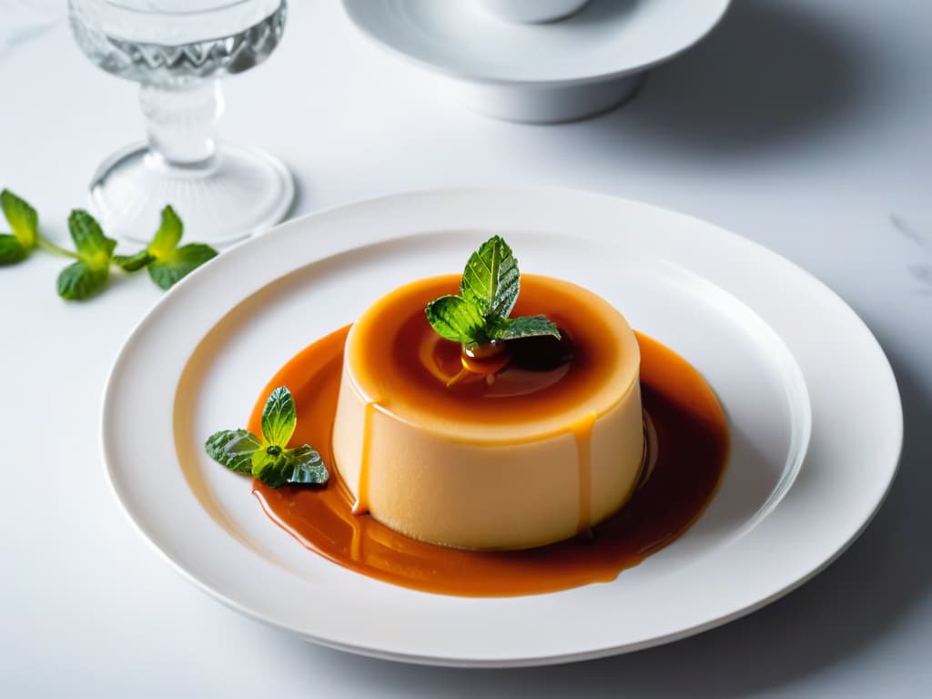  A closeup, ultradetailed image of a delicate flan dessert topped with caramel sauce, garnished with a single mint leaf, presented on a sleek, modern white plate against a simple, elegant black background. hyperrealistic, full body, detailed clothing, highly detailed, cinematic lighting, stunningly beautiful, intricate, sharp focus, f/1. 8, 85mm, (centered image composition), (professionally color graded), ((bright soft diffused light)), volumetric fog, trending on instagram, trending on tumblr, HDR 4K, 8K