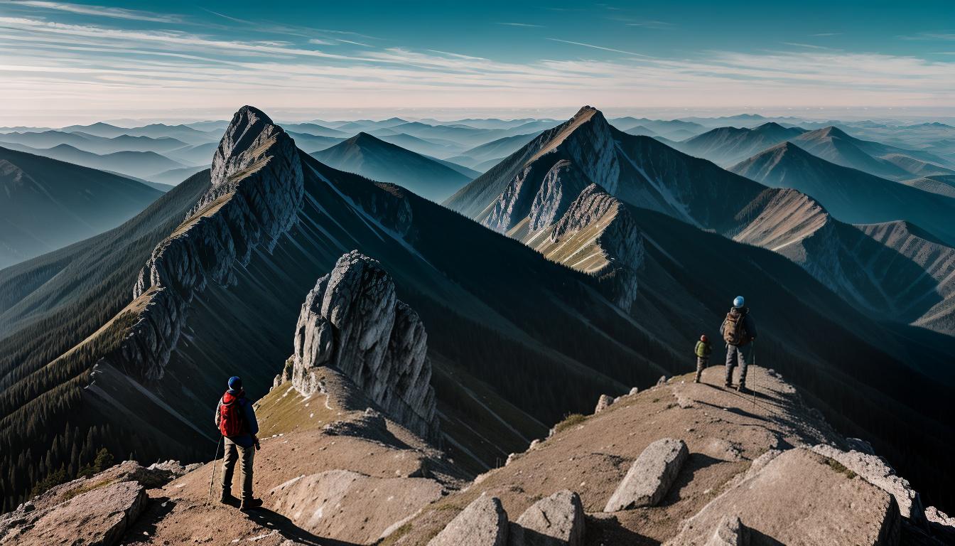  digital illustration, A person standing on a summit, surrounded by new, smiling faces, atmosphere of reverence and respect, glowing with inner strength, mutual admiration, fulfilling connections, looking at viewer, dynamic pose, (intricate details, masterpiece, best quality)