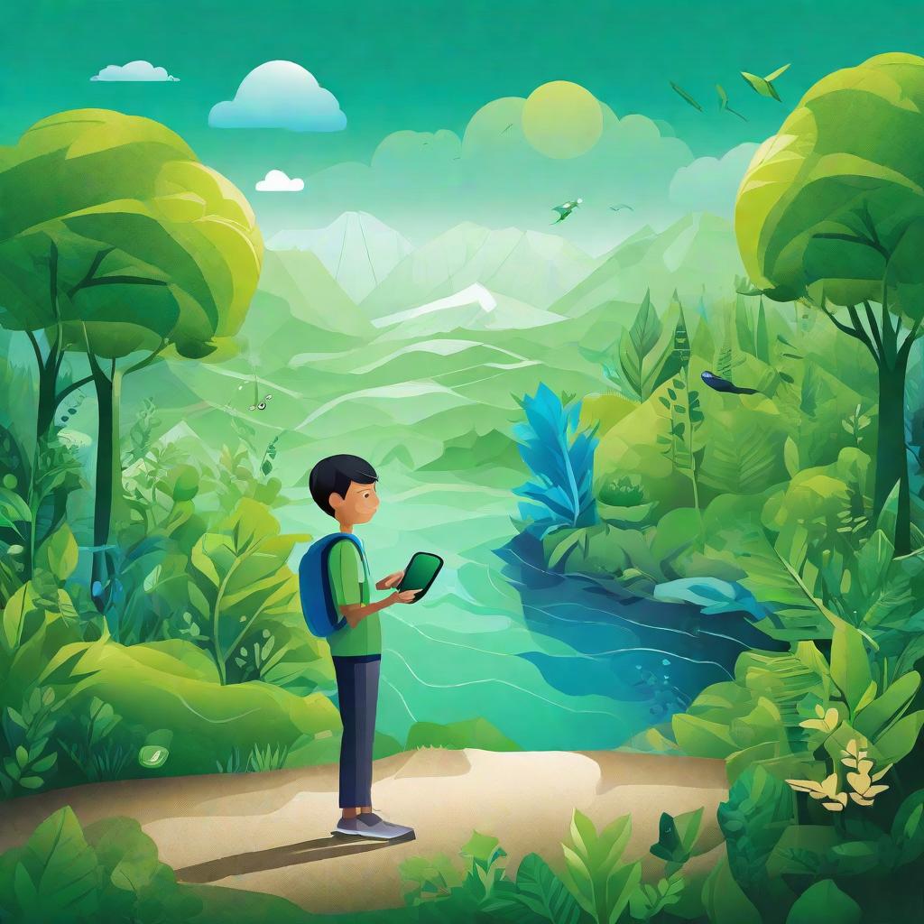  masterpiece, best quality,Background design: fresh green and blue gradient, representing harmony between nature and society. Core image design: a young man organizes an online environmental campaign through the network of Wopi. He uses smart devices to showcase his environmental projects, and the screen displays the slogan "cheer for the earth". The figure occupies the right half of the image and faces left.