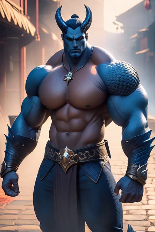  Please create a full body portrait of a massive, muscular man with indigo skin, no facial features and a flat top to his head. His skin is smooth on his front, but on his back he has dragon scales hyperrealistic, full body, detailed clothing, highly detailed, cinematic lighting, stunningly beautiful, intricate, sharp focus, f/1. 8, 85mm, (centered image composition), (professionally color graded), ((bright soft diffused light)), volumetric fog, trending on instagram, trending on tumblr, HDR 4K, 8K