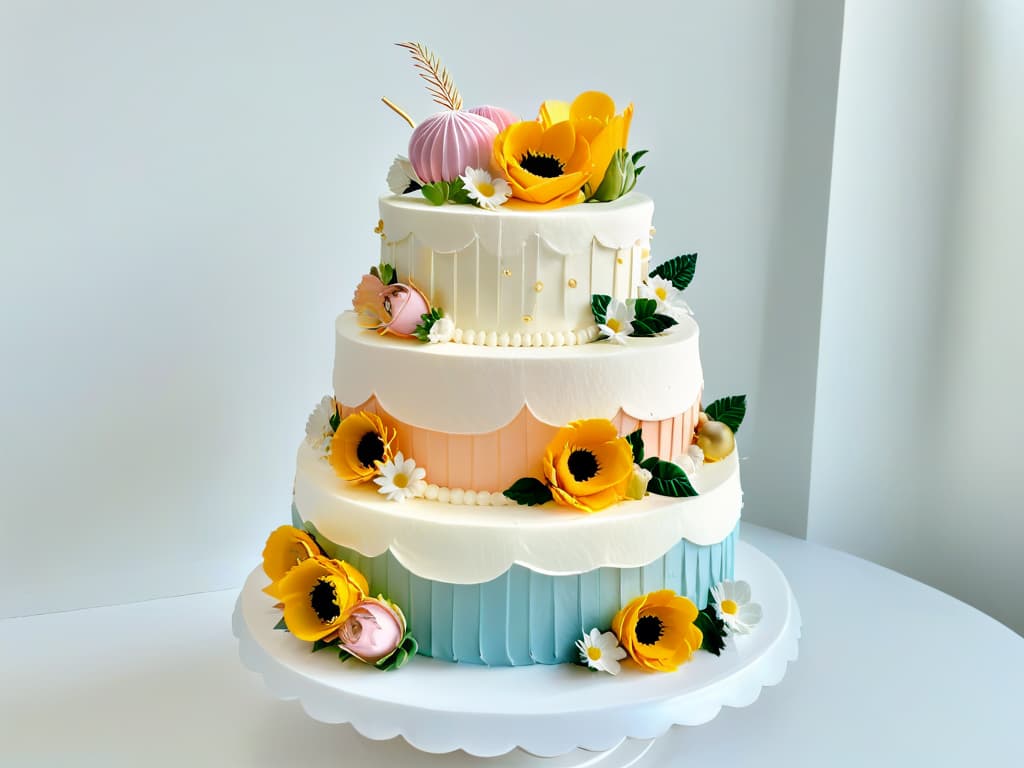  A closeup, ultradetailed image of a perfectly layered, multitiered cake with intricate fondant decorations in soft pastel colors. The cake is displayed on a simple, elegant white cake stand against a clean, minimalistic background, emphasizing the exquisite details and craftsmanship of the confection. hyperrealistic, full body, detailed clothing, highly detailed, cinematic lighting, stunningly beautiful, intricate, sharp focus, f/1. 8, 85mm, (centered image composition), (professionally color graded), ((bright soft diffused light)), volumetric fog, trending on instagram, trending on tumblr, HDR 4K, 8K