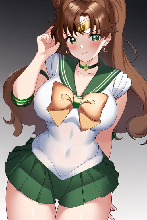  she is wearing tight short clothing,she has large body features that are noticeable because her clothes are too small,(sailor jupiter:1.3), (masterpiece), (highest quality), (intricate), (high detail)