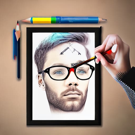 dublex style man wearing glasses, drawing motion holding pencil on the paper, half colored drawing on the paper, thinking on nature inside, looks like puzzle pieces