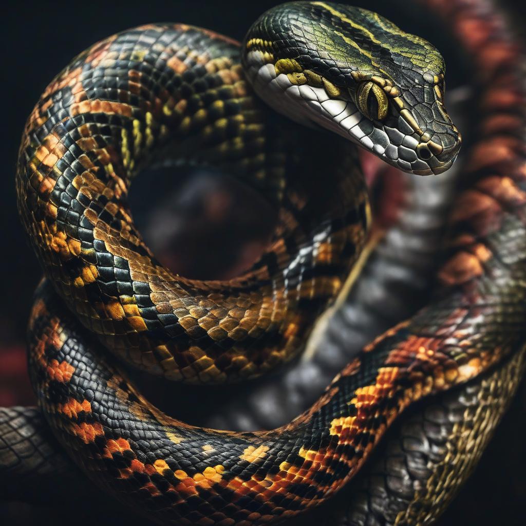  snake long tail on black bacground hyperrealistic, full body, detailed clothing, highly detailed, cinematic lighting, stunningly beautiful, intricate, sharp focus, f/1. 8, 85mm, (centered image composition), (professionally color graded), ((bright soft diffused light)), volumetric fog, trending on instagram, trending on tumblr, HDR 4K, 8K