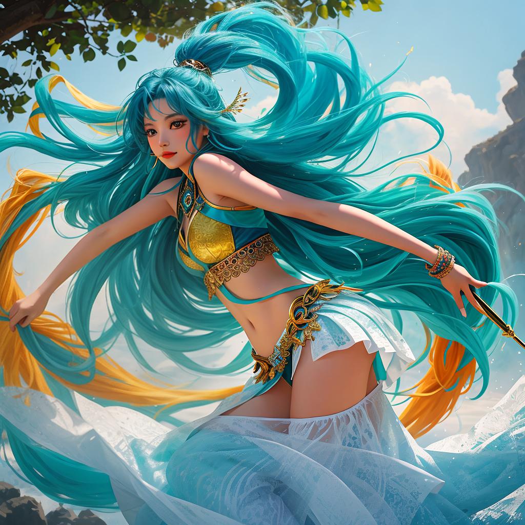  with Amazonian elements, Infuse a burst of vibrant colors into the canvas as you capture the dynamic movement of a girl's flowing hair, creating a lively and enchanting masterpiece.