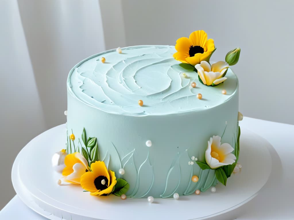  An ultradetailed closeup image of a perfectly frosted wedding cake, showcasing intricate piped floral designs in pastel hues with delicate sugar pearls adorning the tiers. The focus is on the impeccable craftsmanship and artistry of the cake, with each petal and swirl of frosting visible in stunning clarity. The background is softly blurred to keep the attention on the elegant details of the cake, making it a visually captivating and aspirational image for any aspiring pastry chef or baker looking to stand out in the competitive world of social media. hyperrealistic, full body, detailed clothing, highly detailed, cinematic lighting, stunningly beautiful, intricate, sharp focus, f/1. 8, 85mm, (centered image composition), (professionally color graded), ((bright soft diffused light)), volumetric fog, trending on instagram, trending on tumblr, HDR 4K, 8K