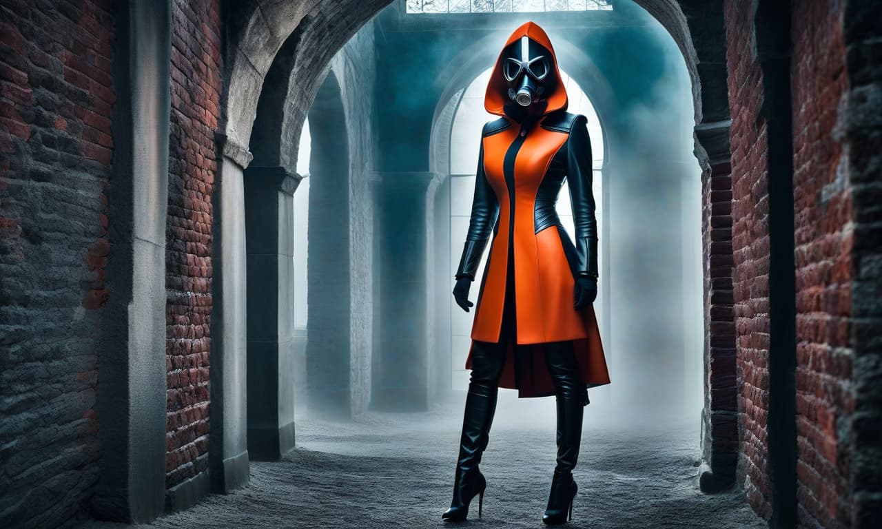  cinematic film still (Hyperditalization), (solo), (one woman: 1,1) (standing in the center) in (full height).A strict hostess standing tall against a brick wall, pale skin, brightly lined eyes, plump bright scarlet lips, in a shiny black latex suit that hugs her entire body. A tight fitting shiny hood with a 10A1 gas mask is on his face. High heeled boots, white corset, long white latex gloves (dark frame: 1.17), epically realistic, faded, (neutral colors), artistic, (hdr: 1.5), (muted colors: 1.2), with increased detail, (artstation: 1.5), cinematic, warm light, bright light, (complex details: 1.1), complex background, (rutkowski: 0.8), (turquoise and orange: 0.4), Detail, ((complex details)), HDR, ((complex details, over detailed)) (dark  hyperrealistic, full body, detailed clothing, highly detailed, cinematic lighting, stunningly beautiful, intricate, sharp focus, f/1. 8, 85mm, (centered image composition), (professionally color graded), ((bright soft diffused light)), volumetric fog, trending on instagram, trending on tumblr, HDR 4K, 8K