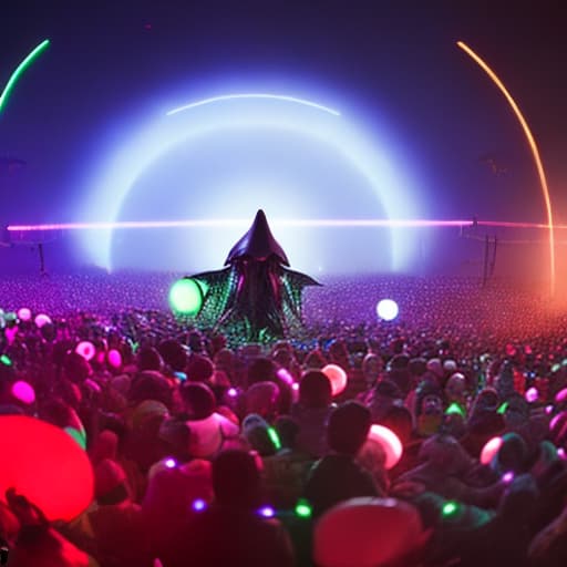 redshift style (((alien))) djing a rave with vinyl records and turntables for (((crowd of dancing monsters with glow sticks))) in a futuristic landscape with a giant moons and nebula in the night sky, ((wide angle, whole scene)) ultra HD, 4K, high details