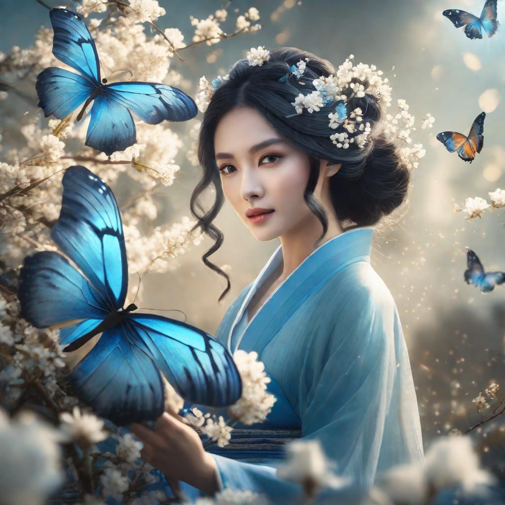  masterpiece, best quality, (Fidelity: 1.4), Best Quality, Masterpiece, Ultra High Resolution, Poster, Fantasy Art, Very Detailed Faces, 8k resolution, Chinese Style, An woman, Side Face, Quiet, Light Blue Hanfu, Tulle Coat, Long Black Hair, Light Blue Fringed Hair Ornament, Hairpin, White Ribbon, White Flower Bush, Light Blue Butterfly Flying, cinematic lighting effects