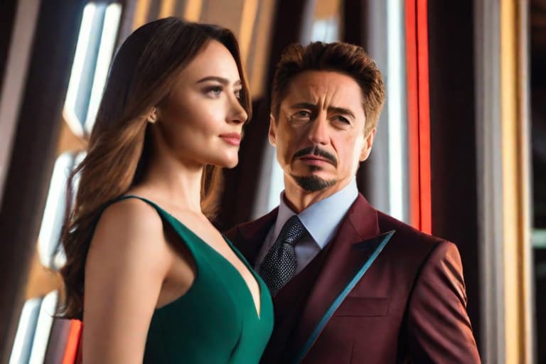 cinematic shot of a powerful couple. man: young tony stark, marvel cinematic universe, human, powerful, happy, smart, optimistic, brave, confident, main character, wearing an expensive suit and woman: young russian woman, model, brunette hair, brown eyes, she has a scar on the right cheek, confident, powerful, badass, happy, main character, wearing a feminine suit. man and woman posing together at the stage. man is holding woman close. mysterious ambiance, fog, cool-toned, dark cyan, radiant purple, and gold flecks, photographed by elsa bleda --s 700, cute, hyper detail, full HD hyperrealistic, full body, detailed clothing, highly detailed, cinematic lighting, stunningly beautiful, intricate, sharp focus, f/1. 8, 85mm, (centered image composition), (professionally color graded), ((bright soft diffused light)), volumetric fog, trending on instagram, trending on tumblr, HDR 4K, 8K