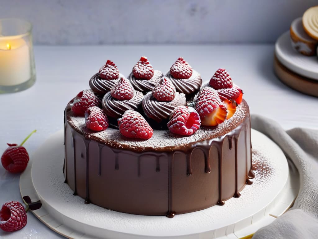  A highresolution image of a beautifully decorated glutenfree chocolate cake, topped with fresh raspberries and a dusting of powdered sugar, set on a sleek, modern white cake stand against a simple, elegant gray background. The cake is perfectly sliced to reveal its rich, moist interior, showcasing layers of decadent chocolate ganache and fluffy sponge, all presented in a visually stunning and artfully styled composition. This minimalist image captures the essence of indulgent glutenfree baking, inviting the viewer to explore the world of delicious treats for individuals with celiac disease. hyperrealistic, full body, detailed clothing, highly detailed, cinematic lighting, stunningly beautiful, intricate, sharp focus, f/1. 8, 85mm, (centered image composition), (professionally color graded), ((bright soft diffused light)), volumetric fog, trending on instagram, trending on tumblr, HDR 4K, 8K