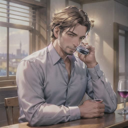  master piece , best quality,A man in a shirt is sitting relaxed, holding a glass of wine in his hand. He appears to be indoors, with warm lighting behind him. The man seems to be thinking about something with a calm expression on his face as he tastes the wine.