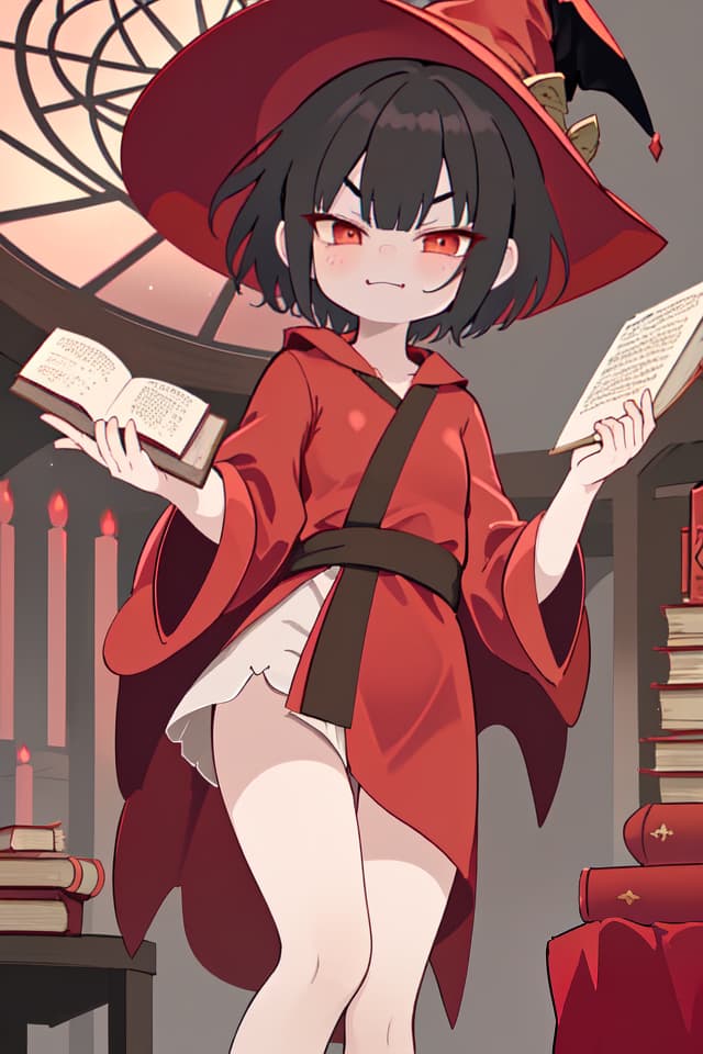   , , short hair, wearing red robe, opening a magic book, wearing a witch hat, smug face, a leg