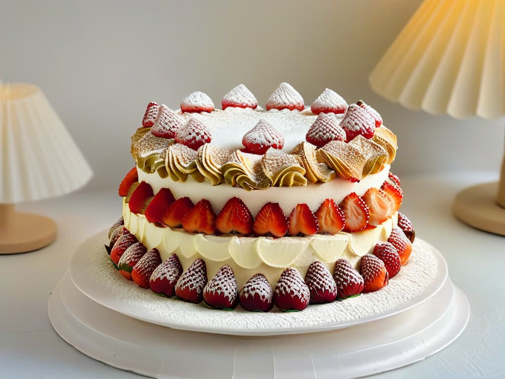  A photorealistic image of an elegant, intricately decorated lowcalorie strawberry shortcake with fluffy layers of sponge, fresh strawberries cascading down the sides, and a light dusting of powdered sugar on top. The cake sits on a pristine white cake stand, set against a soft focus background of a sunlit kitchen, evoking a sense of indulgence and healthconscious sophistication. hyperrealistic, full body, detailed clothing, highly detailed, cinematic lighting, stunningly beautiful, intricate, sharp focus, f/1. 8, 85mm, (centered image composition), (professionally color graded), ((bright soft diffused light)), volumetric fog, trending on instagram, trending on tumblr, HDR 4K, 8K