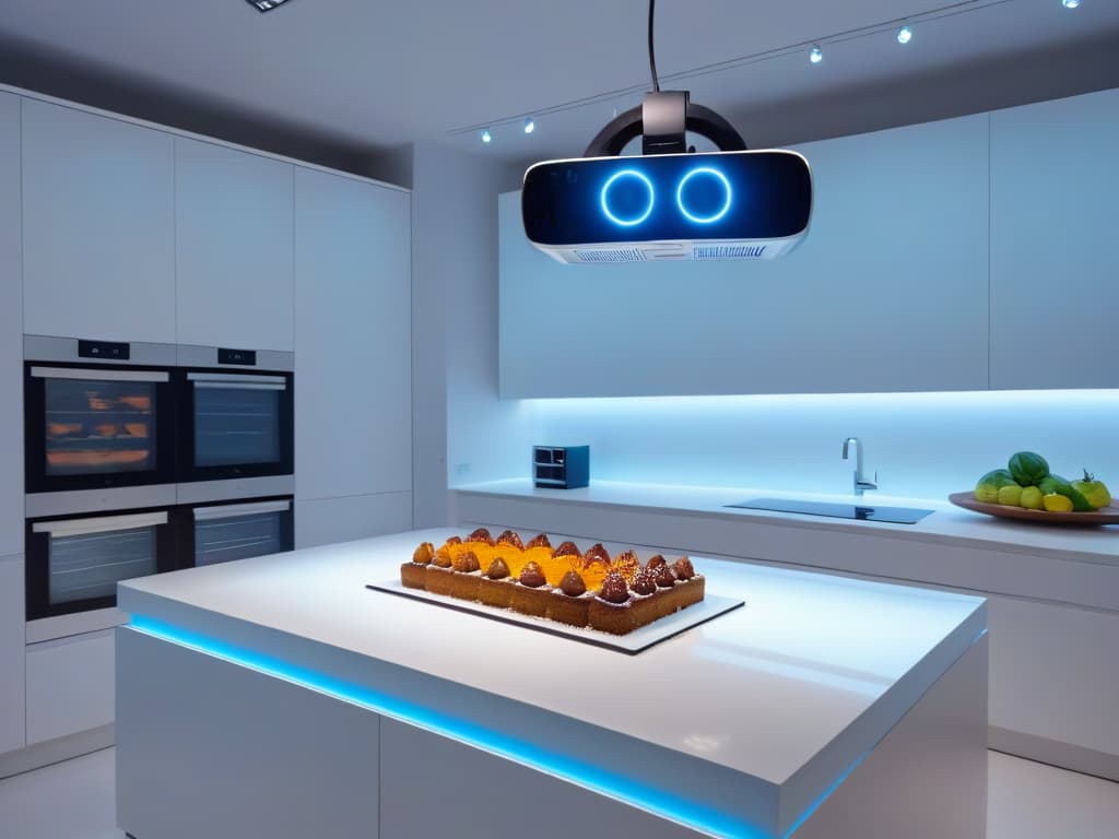  An ultradetailed 8k image of a sleek, modern kitchen with a holographic display projecting intricate dessert recipes in the air. The countertop is immaculately organized with hightech baking tools, while a virtual reality headset hangs elegantly on a hook. The scene exudes a futuristic and minimalist vibe, perfectly encapsulating the fusion of virtual reality and home baking education. hyperrealistic, full body, detailed clothing, highly detailed, cinematic lighting, stunningly beautiful, intricate, sharp focus, f/1. 8, 85mm, (centered image composition), (professionally color graded), ((bright soft diffused light)), volumetric fog, trending on instagram, trending on tumblr, HDR 4K, 8K