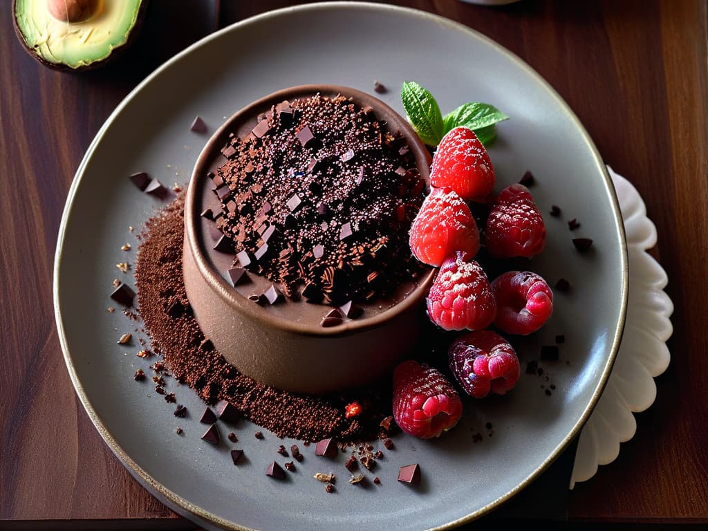  A closeup, ultradetailed image of a decadent chocolate avocado mousse topped with fresh raspberries and a sprinkle of cacao nibs, set on a sleek, modern white plate. The rich, creamy texture of the mousse is evident, with the vibrant red of the raspberries contrasting beautifully against the dark chocolate. The cacao nibs add a touch of sophistication to the dessert, and the overall presentation is elegant and enticing, perfect for a highend organic dessert feature. hyperrealistic, full body, detailed clothing, highly detailed, cinematic lighting, stunningly beautiful, intricate, sharp focus, f/1. 8, 85mm, (centered image composition), (professionally color graded), ((bright soft diffused light)), volumetric fog, trending on instagram, trending on tumblr, HDR 4K, 8K