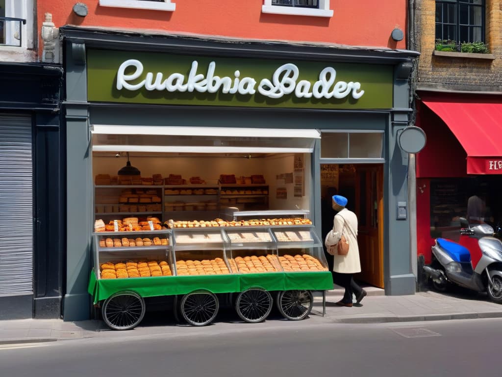  An ultradetailed, minimalist image of a bustling city street with a small sustainable bakery prominently featured, showcasing customers enjoying ecofriendly treats, reusable packaging, and a welcoming atmosphere. The bakery's sign displays the words "Repostería Sostenible Líder Global" in elegant, modern typography, symbolizing innovation and community impact. The scene captures a diverse group of people engaging with the bakery, conveying a sense of warmth, progress, and sustainability in a vibrant urban setting. hyperrealistic, full body, detailed clothing, highly detailed, cinematic lighting, stunningly beautiful, intricate, sharp focus, f/1. 8, 85mm, (centered image composition), (professionally color graded), ((bright soft diffused light)), volumetric fog, trending on instagram, trending on tumblr, HDR 4K, 8K