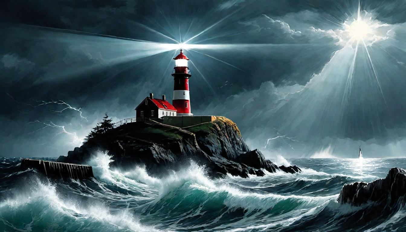  （surrealism)A lighthouse in a stormy sea, colossal and radiant, beams of light cutting through darkness, ships in turmoil finding direction, guiding, hopeful, steadfast mystic, intricate details, best quality)