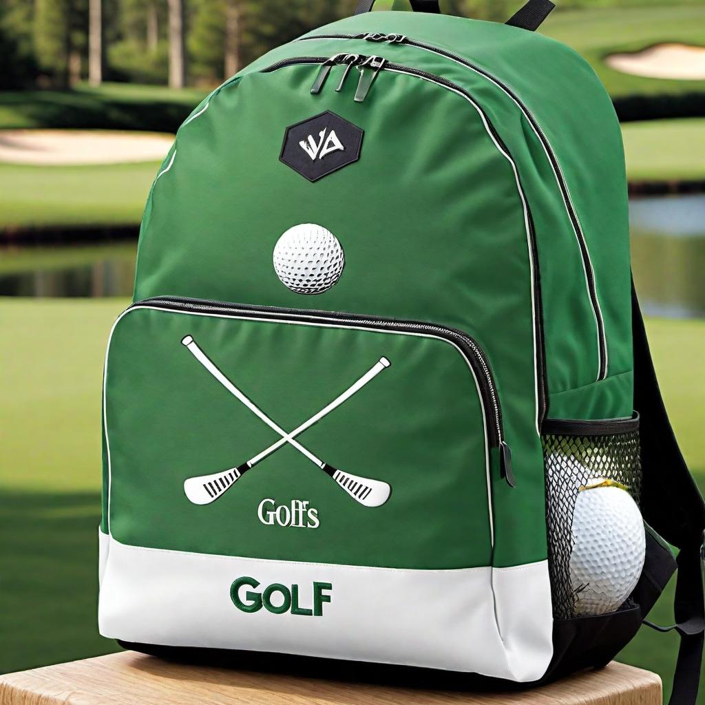  Create an image of a golf themed backpack. The backpack should be designed with golf elements such as small embroidered images of golf balls, tees, golf clubs, or a golf course. The color scheme should be reminiscent of a golf setting, with greens, blues, and whites. The backpack should look sporty and suitable for carrying golf gear, with pockets for golf balls and a side compartment for a water bottle. hyperrealistic, full body, detailed clothing, highly detailed, cinematic lighting, stunningly beautiful, intricate, sharp focus, f/1. 8, 85mm, (centered image composition), (professionally color graded), ((bright soft diffused light)), volumetric fog, trending on instagram, trending on tumblr, HDR 4K, 8K