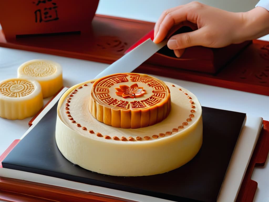  An 8k ultradetailed image of a traditional Chinese mooncake making process, showcasing a skilled chef meticulously shaping the dough, filling it with lotus paste, and delicately pressing intricate patterns onto the mooncake before baking. The scene is captured in a minimalist style, emphasizing the artistry and precision involved in creating these iconic Chinese treats. hyperrealistic, full body, detailed clothing, highly detailed, cinematic lighting, stunningly beautiful, intricate, sharp focus, f/1. 8, 85mm, (centered image composition), (professionally color graded), ((bright soft diffused light)), volumetric fog, trending on instagram, trending on tumblr, HDR 4K, 8K